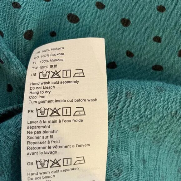 Billabong Polka Dot Wrap Blouse Long Sleeves V Neck Teal Blue Green Black Size M - Picture 9 of 9